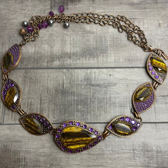 CHICOS Purple Gold Tiger Eye Heavy Adjustable Chunky Rhinestone Chain Belt S M L - Picture 1 of 8